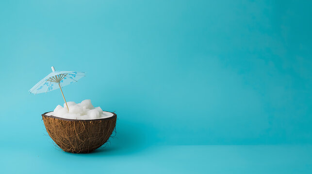 A tropical, summer-inspired composition features a half coconut shell filled with white flesh and a blue-and-white paper umbrella, creating a clean, vibrant aesthetic.