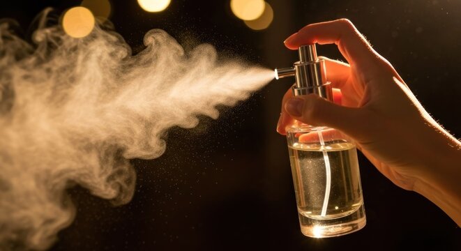 A hand holds a perfume bottle, misting a cloud of fragrance