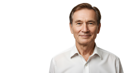 Portrait photography shows mature man smiling against black. Use for health industry, medical presentation, or social media.