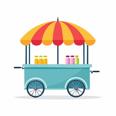 Illustration of a blue food cart with a striped umbrella and various jars on display.