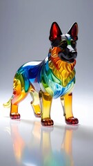 A beautiful and colorful German Shepherd figurine made of rainbow-colored glass or crystal. The transparent dog statue creates vibrant reflections in a clean studio setting.