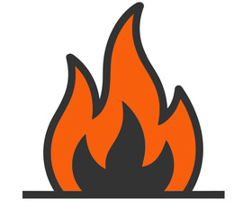 A vibrant flame icon isolated on white background, showcasing a stylized fire with bold orange and black outlines