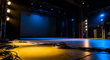 Empty theatrical stage illuminated by vibrant blue and yellow spotlights with cables in the foreground before a performance