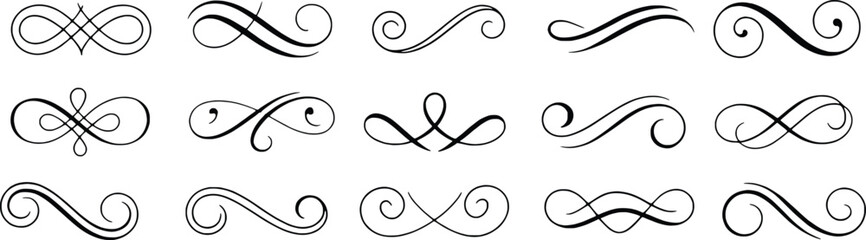 Collection of Elegant Black Flourishes and Swirls on White Background