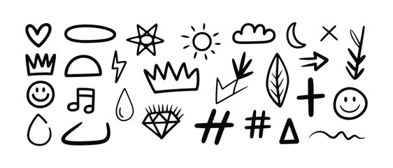 Collection of Hand-Drawn Black and White Icons and Symbols