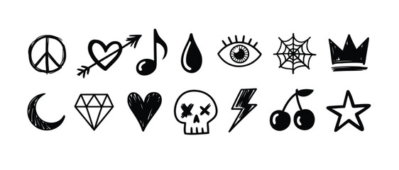 Collection of Hand-Drawn Black and White Icons: Peace, Heart, Music, and More