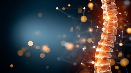 Glowing holographic spinal column with neural pathways amidst dark blue gradient background for medical research and technology themes