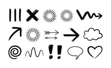 Collection of Hand-Drawn Black and White Icons: Arrows, Sun, Cloud, Heart, and More