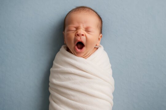 Sweet newborn baby yawns widely, nestled comfortably in a soft white swaddle against a serene blue background, showcasing innocence and early development