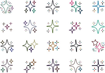 Collection of Hand-Drawn Sparkle and Star Icons in Various Colors