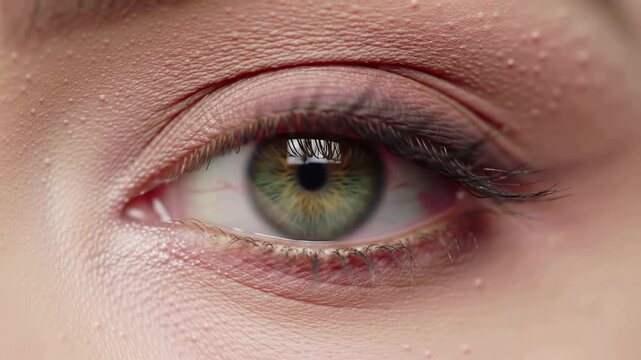 Extreme close up macro shot of a beautiful womans green eye looking directly into the camera revealing the intricate details of the iris and pupil.