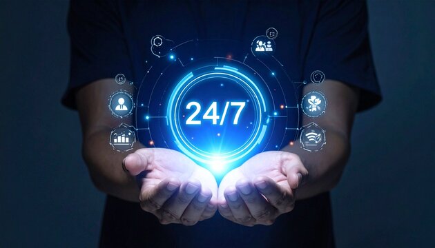 Cupped hands hold a glowing sphere marked “24/7,” surrounded by digital service icons.
