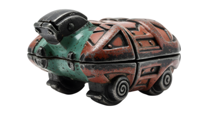 Red and green turtle figure shows grunge textures, presented on black for product staging, toy collector, dark and vintage feel.