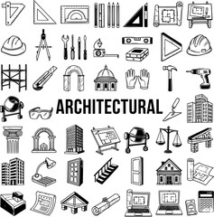 Architectural and Construction Tools, Buildings, and Elements Black and White Line Art Icon Set