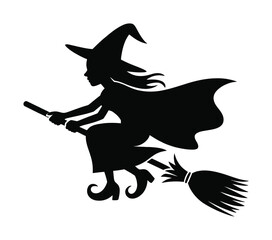 Silhouette of a witch flying on a broomstick against a white background