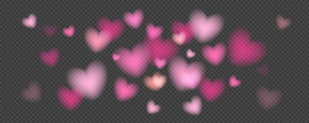 Romantic transparent background banner with floating pink hearts in bokeh style. Perfect for overlays, photo editing, Valentines Day projects, and digital graphics