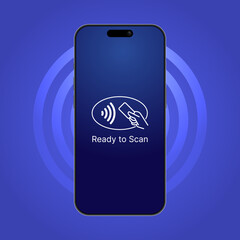 Realistic smartphone with contactless payment icon, NFC wireless transaction symbol, digital wallet and mobile finance technology vector illustration