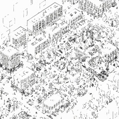 Obraz premium This detailed isometric line art illustration presents a sprawling modern urban landscape, featuring numerous architectural structures and integrated green spaces.