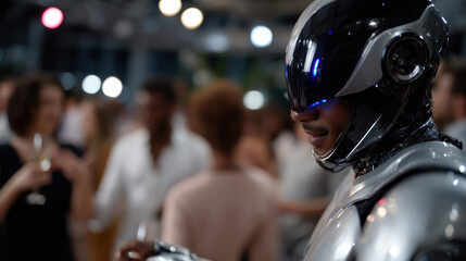 A futuristic robot calmly interacts at a lively party, showcasing high-tech design and stylish ambiance amidst a crowd of guests enjoying the celebration atmosphere.