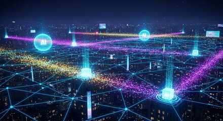 Futuristic cityscape at night with a glowing digital network representing global communication and data transfer.