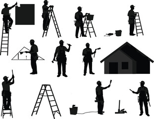 Obraz premium Construction worker silhouettes, ladder tools, house building, painting, measuring, drilling, roofing, labor tasks, architecture, repair