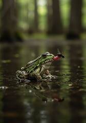 Fototapeta premium Green Frog Sitting in Water with Dragonfly in Mouth in Forest Pond