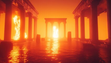 Ancient ruins, fiery sunset, flooded, pillars, glowing