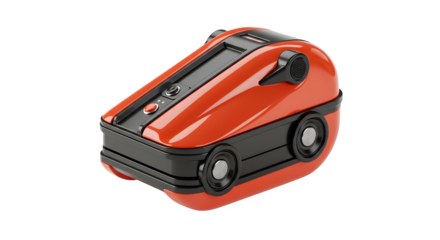 Orange robotic vacuum features sleek surface. Shows product design, 3D rendering, and futuristic technology for branding, posters, website use.