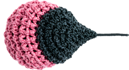 Pink, Black crochet shows rough texture. Macro photography emphasizes detail, ideal for textile design, arts, or crafting blog background.