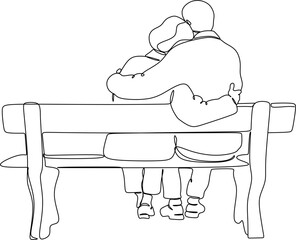 Line drawing of an elderly couple sitting on a bench