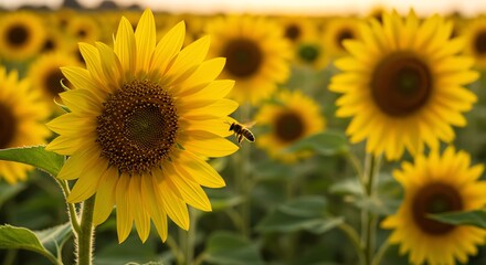 Obraz premium Sunflower Field with Bees Bright Yellow Blooms Natural Lighting Rural Scene