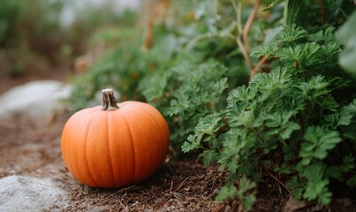a large orange pumpkin sitting on the ground with green leaves in the background