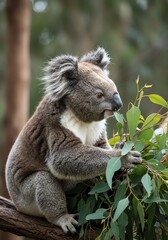 Obraz premium Koala Bear Sitting on Tree Branch Holding Eucalyptus Leaves in Natural Forest Setting