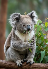Fototapeta premium Koala Bear Sitting on Tree Branch Eating Eucalyptus Leaves in Natural Habitat