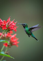 Naklejka premium Vibrant Green Hummingbird Hovering Near Red Flower in Nature
