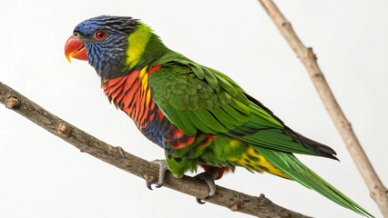 Colorful Lorikeet parrot with vibrant green, blue, red, and yellow feathers perched on a branch, isolated on a clean white studio background with sharp focus