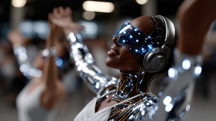 A futuristic dancer adorned with illuminated attire embraces the rhythm of music, reflecting the essence of joy and freedom in a digitally enhanced party atmosphere.