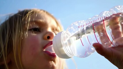 Extreme closeup low angle shot of a thirsty young blonde girl drinking pure mineral water from a plastic bottle outdoors on a sunny summer day to stay hydrated.