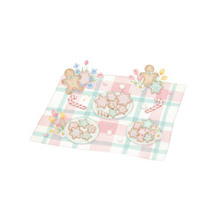 A cozy picnic scene with Christmas cookies, candy canes, and spring flowers, white background