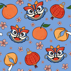 Seamless pattern with Traditional Chinese dragon, lanterns, oranges, fortune cookies, and blossoms. Lunar New Year print, Festive background, Perfect for wrapping, packaging, stationery, fabrics.