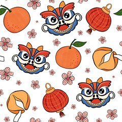 Seamless pattern with Traditional Chinese dragon, lanterns, oranges, fortune cookies, and blossoms. Lunar New Year print, Festive background, Perfect for wrapping, packaging, stationery, fabrics.