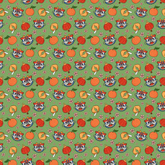 Seamless pattern with Traditional Chinese dragon, lanterns, oranges, fortune cookies, and blossoms. Lunar New Year print, Festive background, Perfect for wrapping, packaging, stationery, fabrics.