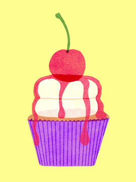 Cupcake with Cherry Topping Illustration Risograph