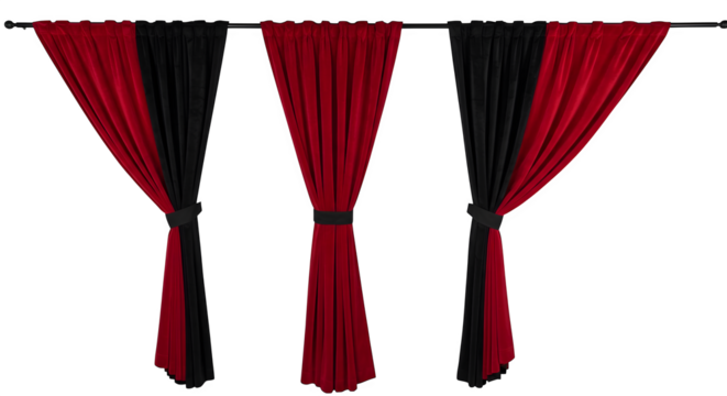 Red and black velvet drapes hang against a black background. Theatrical, use as stage backdrop, presentation template.