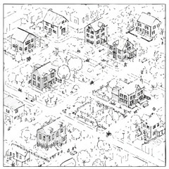 An isometric hand-drawn illustration displays a residential neighborhood with houses, trees, and streets, representing community development and urban planning.