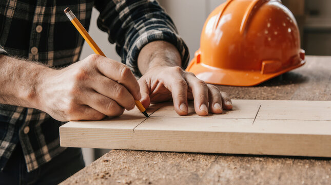 Making precise pencil marks on lumber for construction.