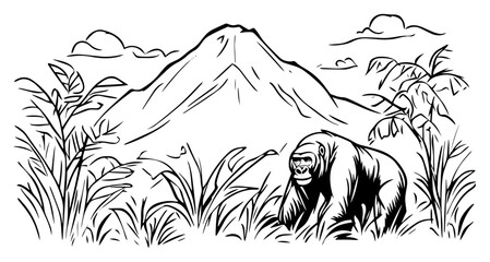 Mountain gorilla emerging from lush volcanic rainforest beneath towering peak – adventurous wildlife sketch illustration © Luka