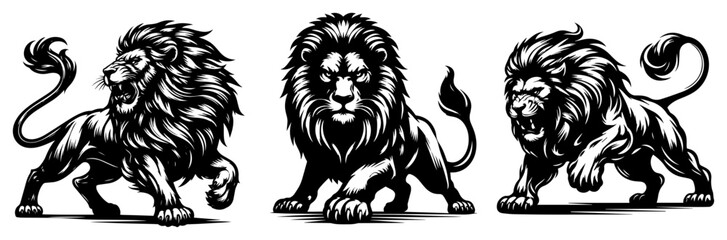 Roaring lion mascot trio in dynamic poses – fierce king‑of‑the‑jungle animal vector illustrations set