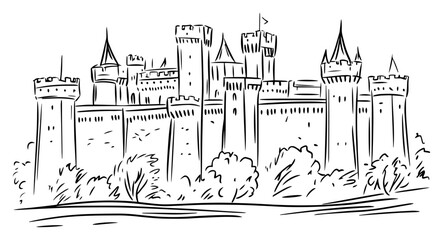 Medieval stone castle with lofty towers and fortified walls – grand historic fortress line drawing