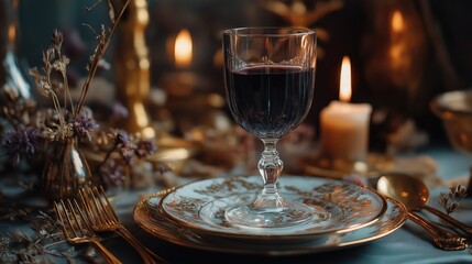 French cuisine styled with wine glass, golden cutlery, candlelight.